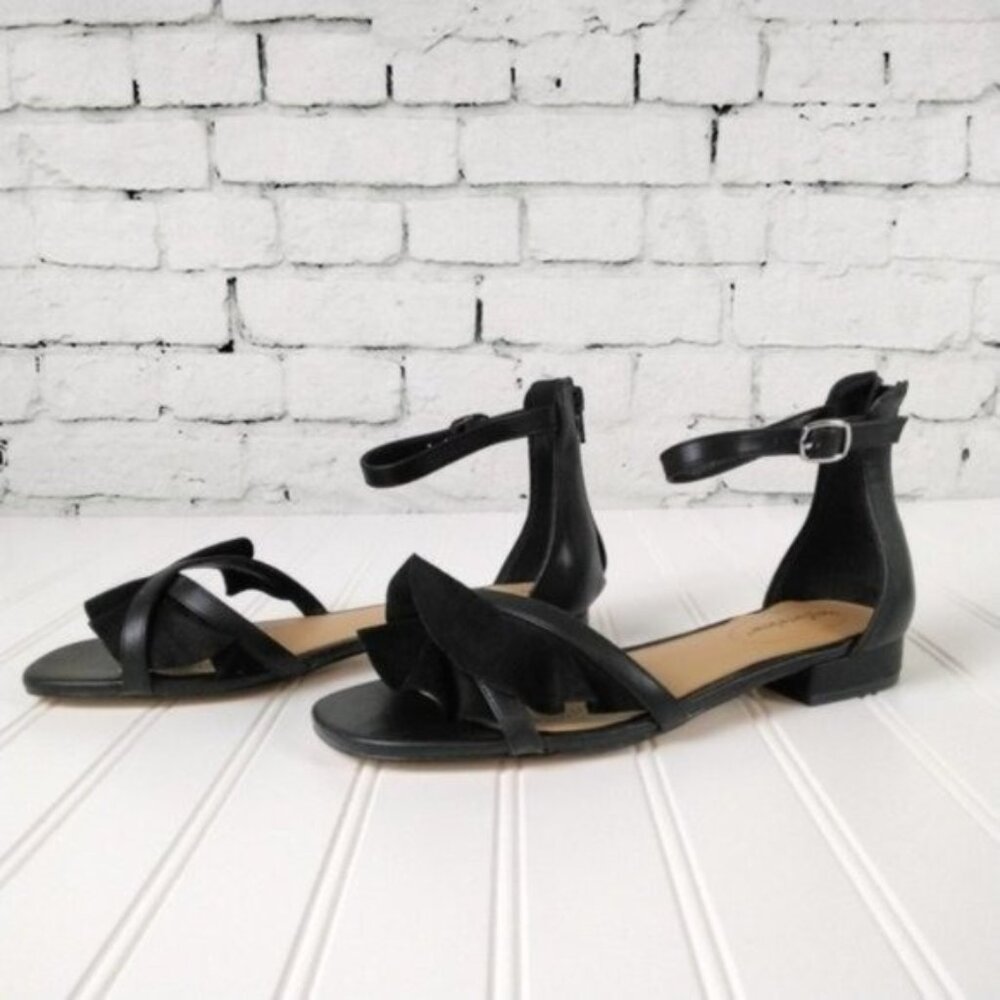 Comfortview Eve Ruffled Faux Suede Flat Sandal Black Size 7, 8.5 Wide